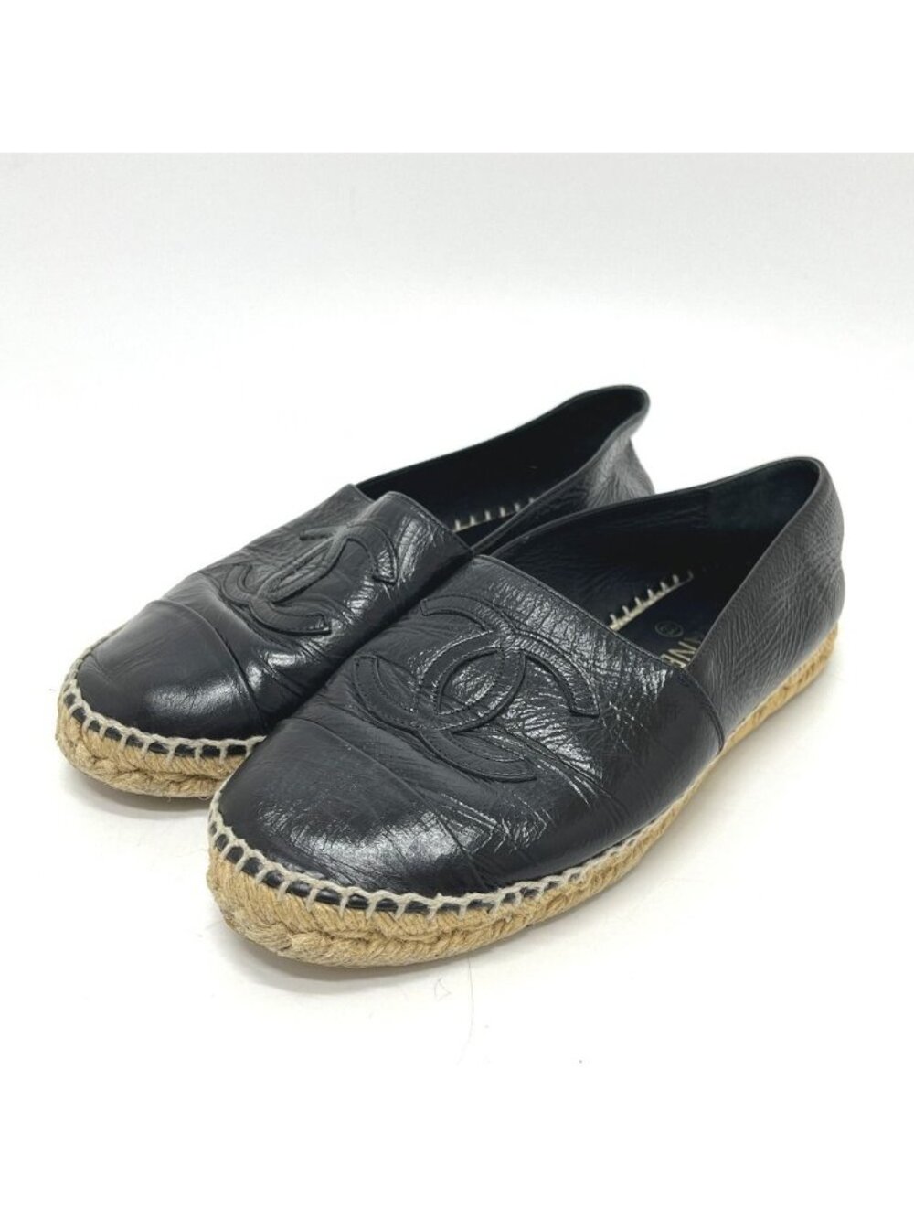 Chanel Slip On CC Logo Espadrilles Leather Black Slipper